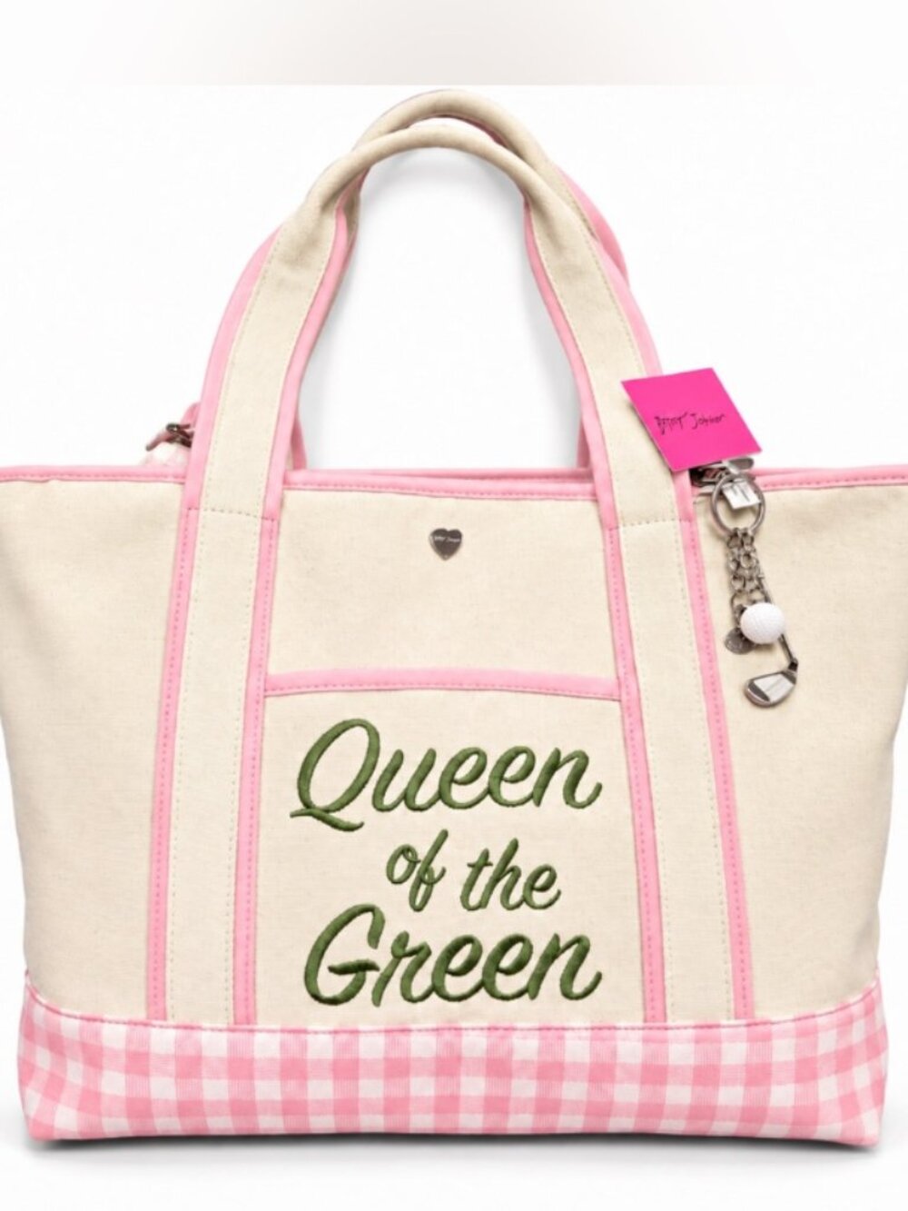 Betsey Johnson Queen of The Green Canvas Tote Bag & Pouch Gingham NWT